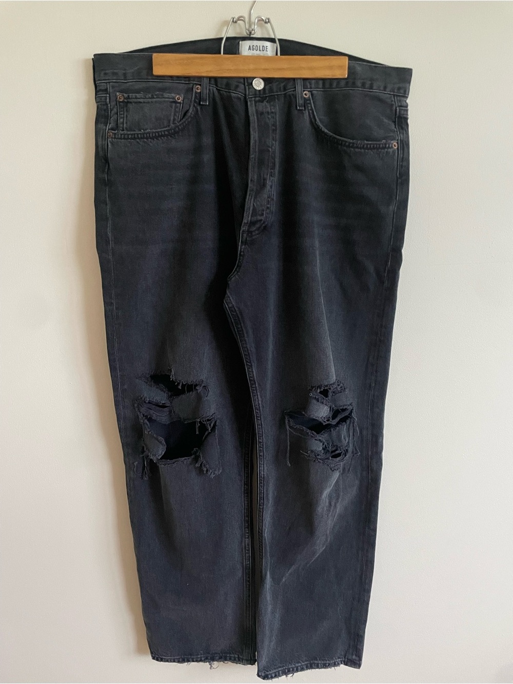 AGOLDE Black Distressed Button Fly Straight Leg Jeans Size 32